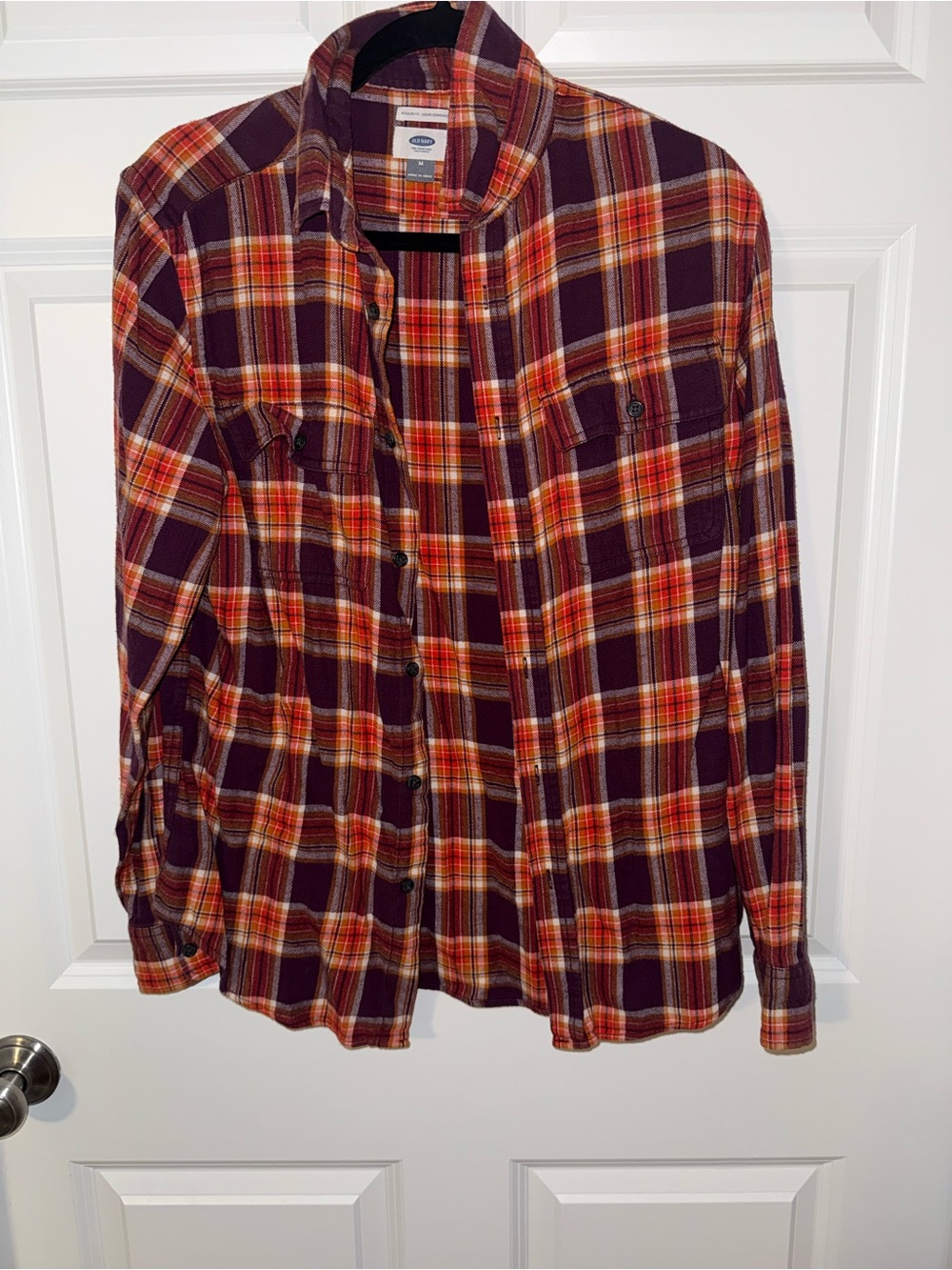 Plaid Flannel Button-Up Shirt - Burgundy & Orange